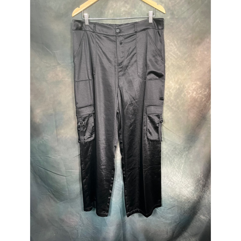 The Drop Black Satin High Waist Wide Leg Cargo Pants Large NWT